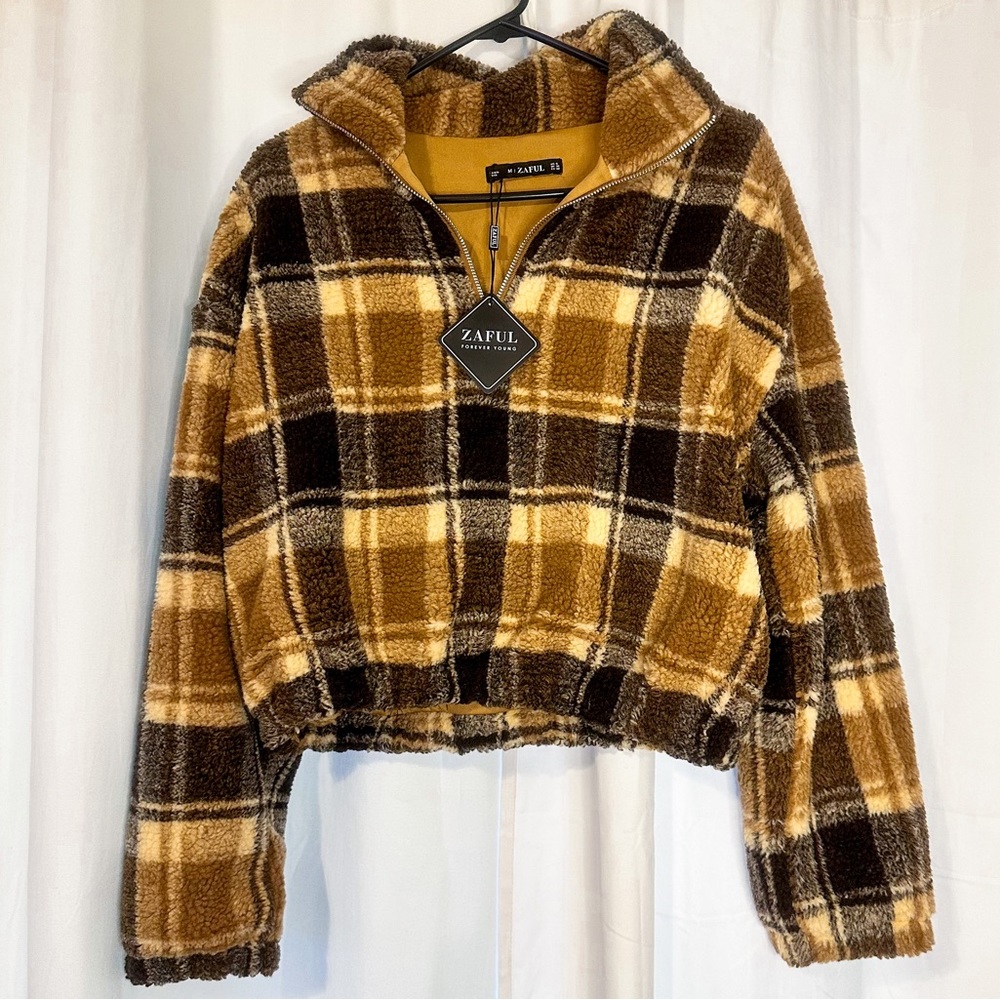 NWT cropped Faux Sherpa Plaid Half Sip Pullover